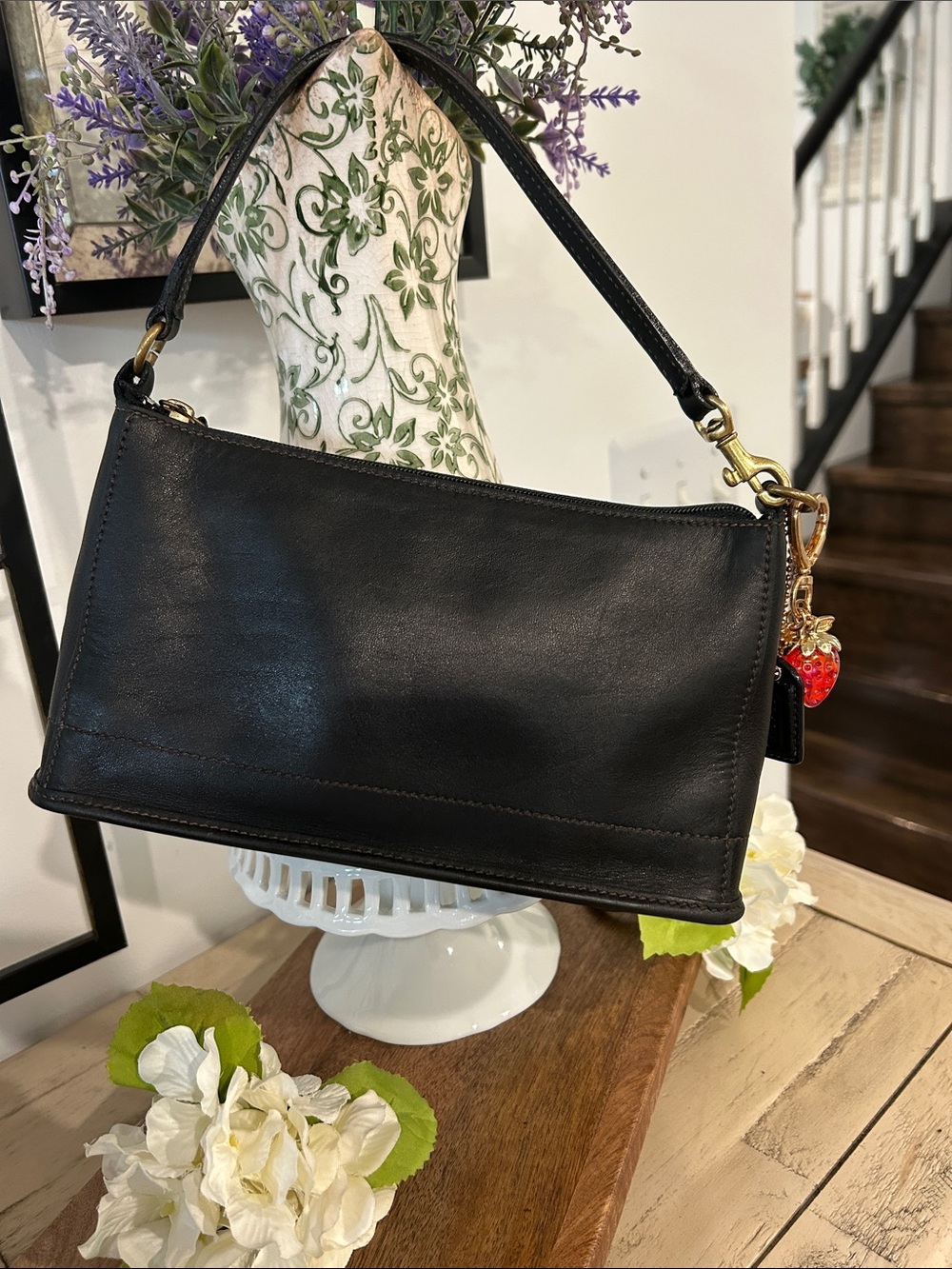 Coach Black Mini Shoulder Bag with Blue Flower Charm